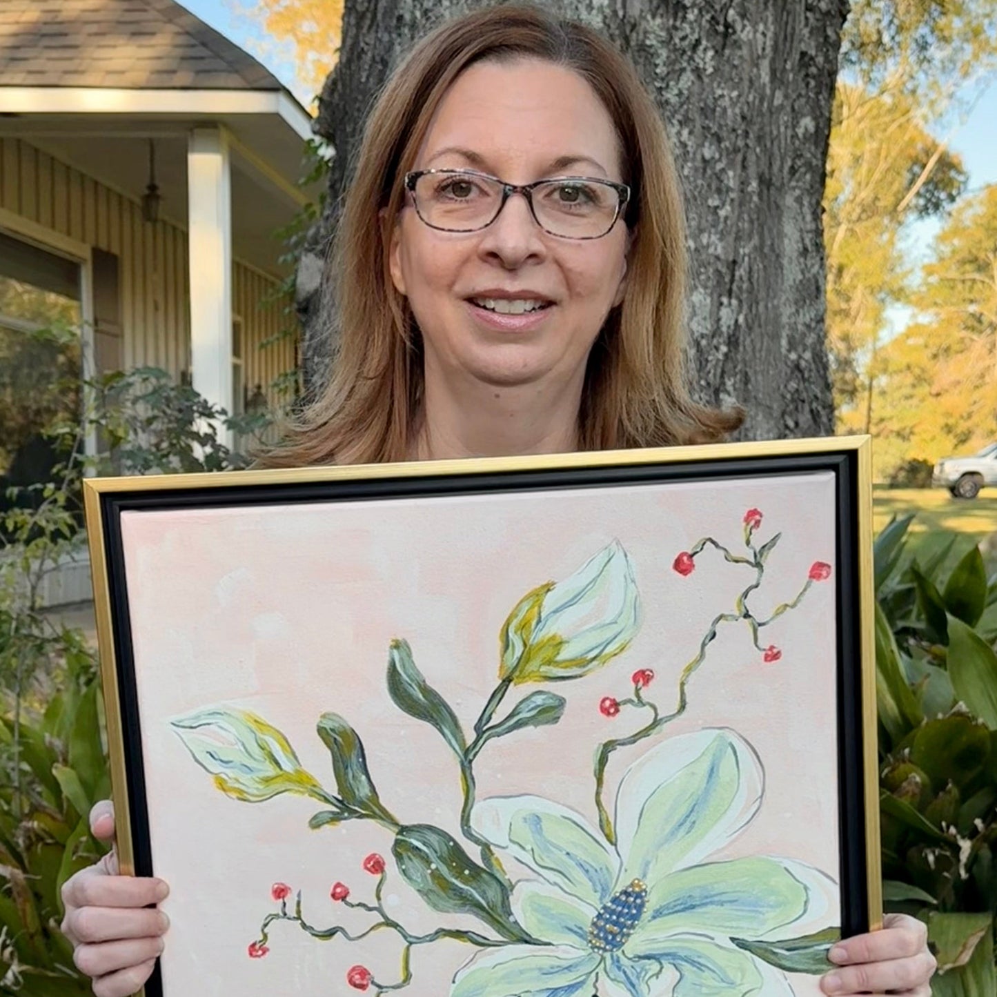 Blossoms in Reflection- 16"x20" Framed Original Acrylic Artwork on Canvas | Free Shipping