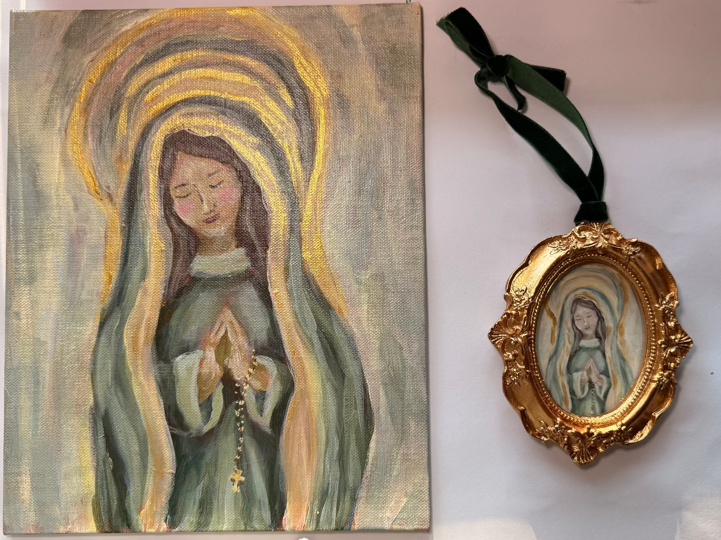 SOLD OUT - Custom Commission: 40 Handmade Ornaments + Framed 8×10 Virgin Mary Painting