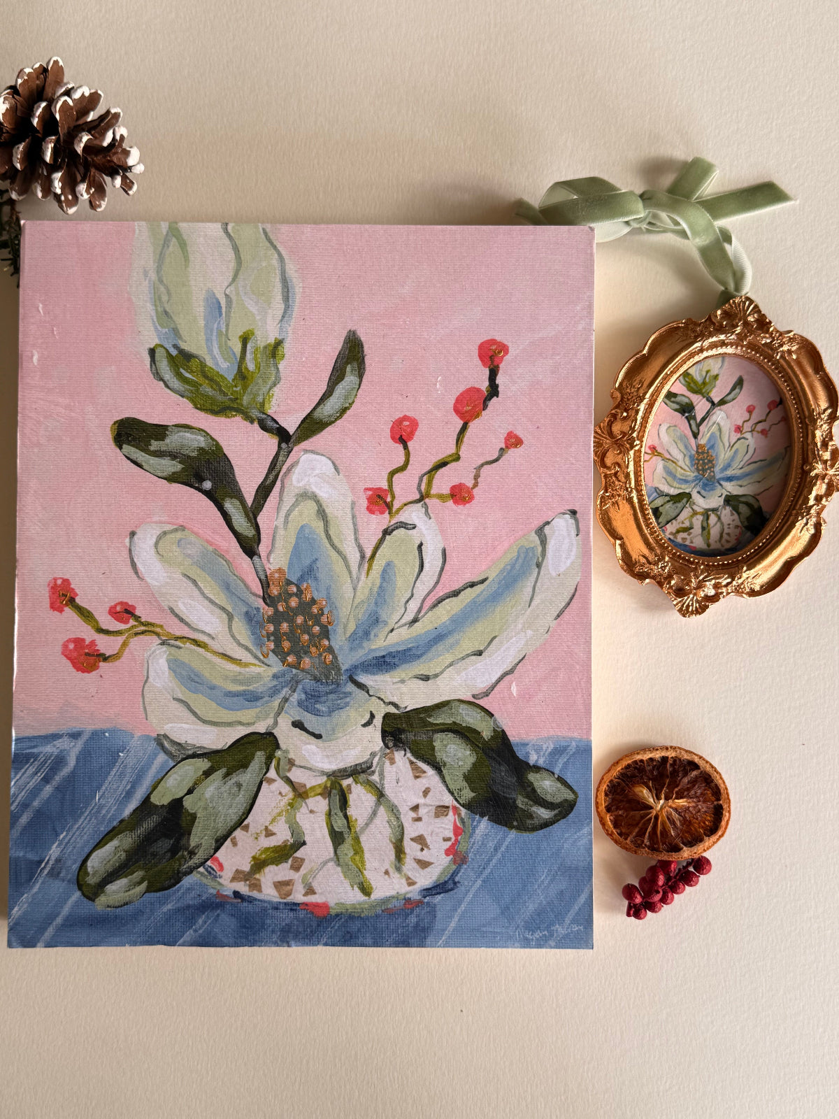 Magnolia Art Print + Handcrafted Magnolia Ornament Gift Bundle
