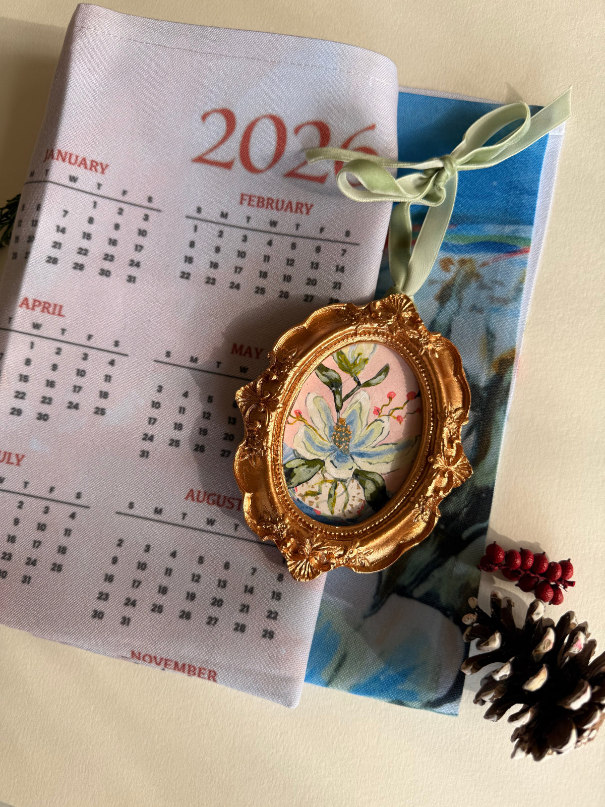 2026 Magnolia Whispers Tea Towel Calendar + Handmade Magnolia Ornament