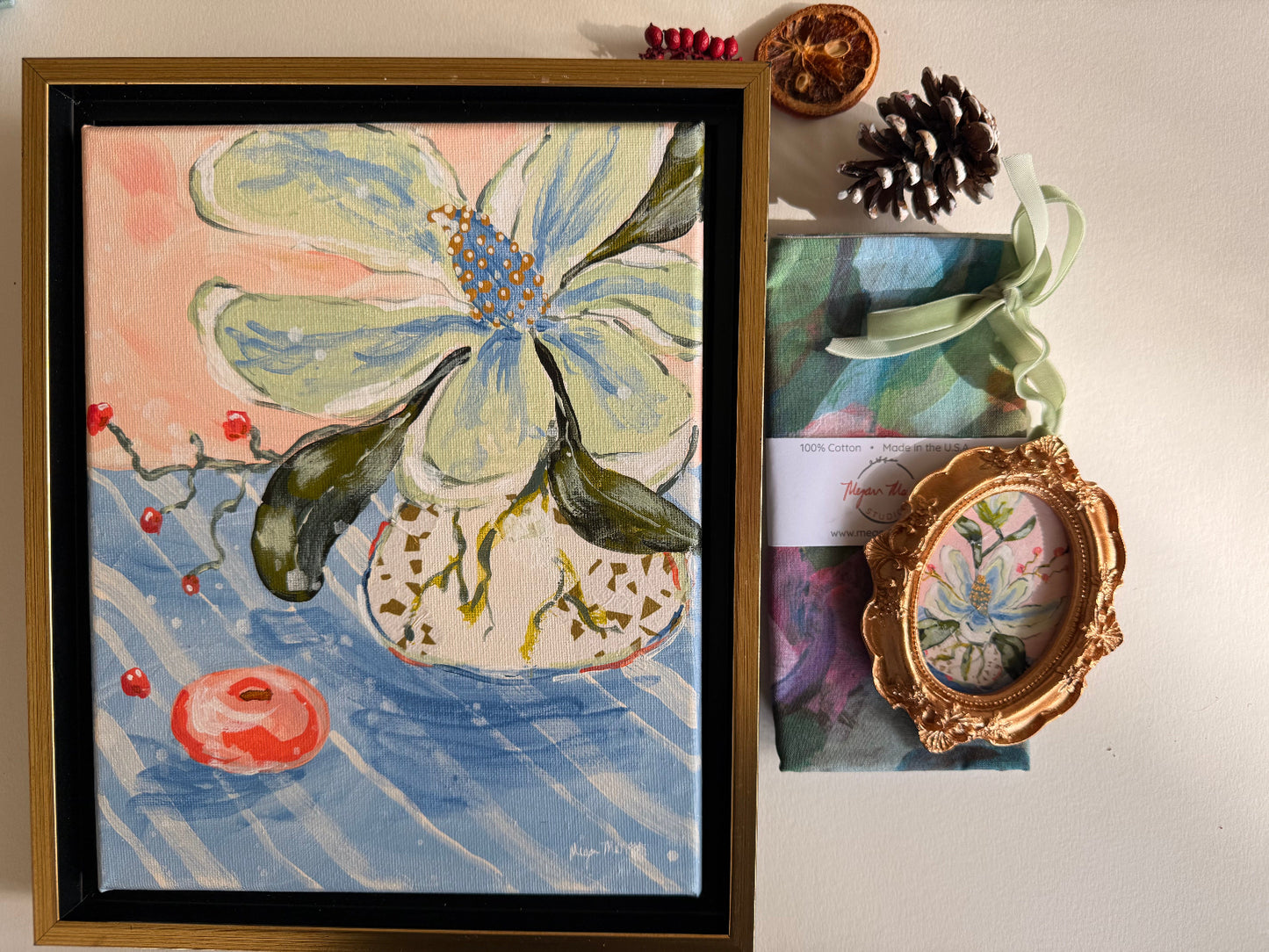 Artful Home Gift Set: Original Painting + Ornament + Luxury Tea Towel + Notecards