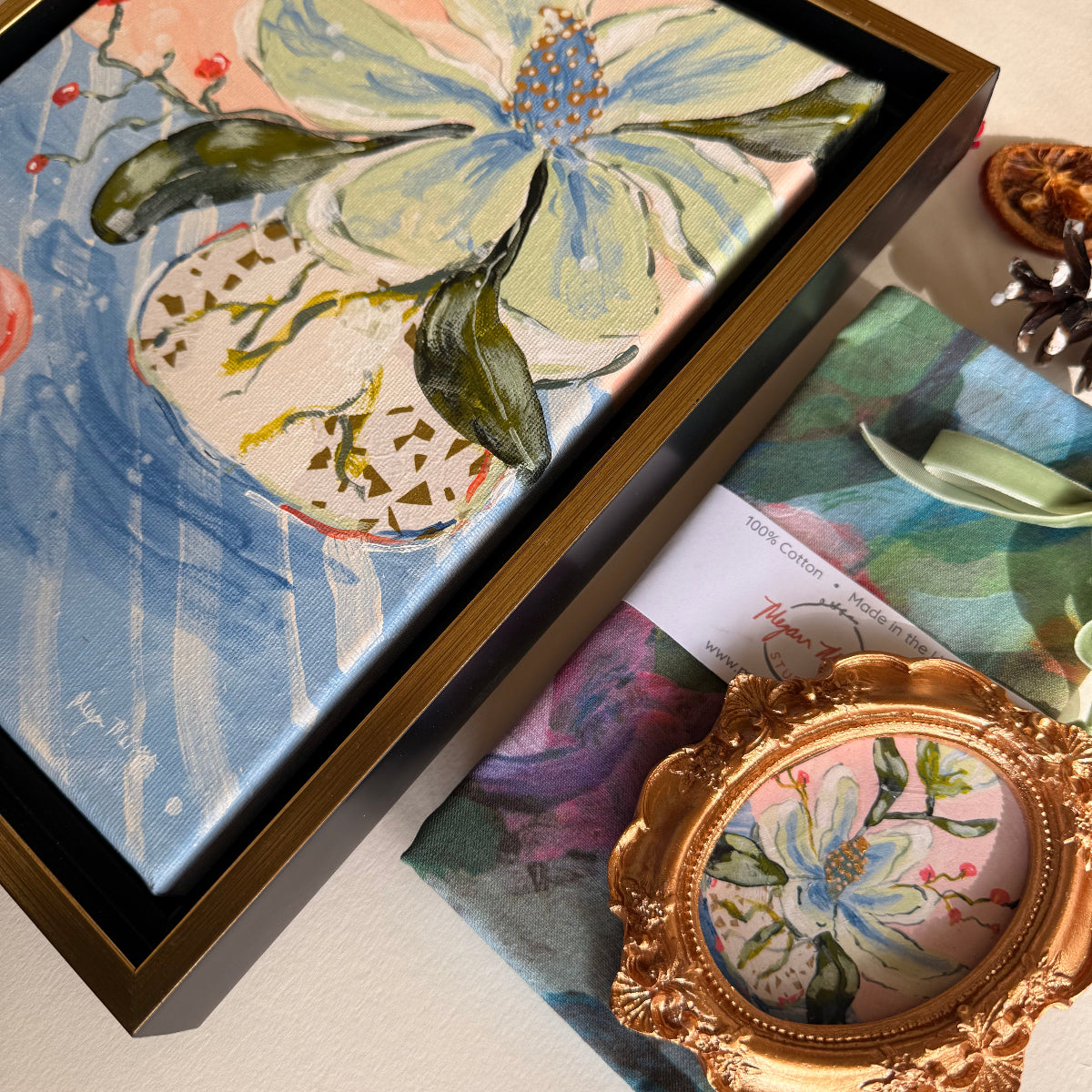 Artful Home Gift Set: Original Painting + Ornament + Luxury Tea Towel + Notecards