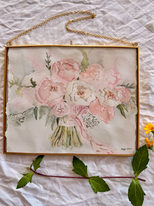 Peony Reverie, 8"X10" Watercolor, Glass Gold Floating Frame