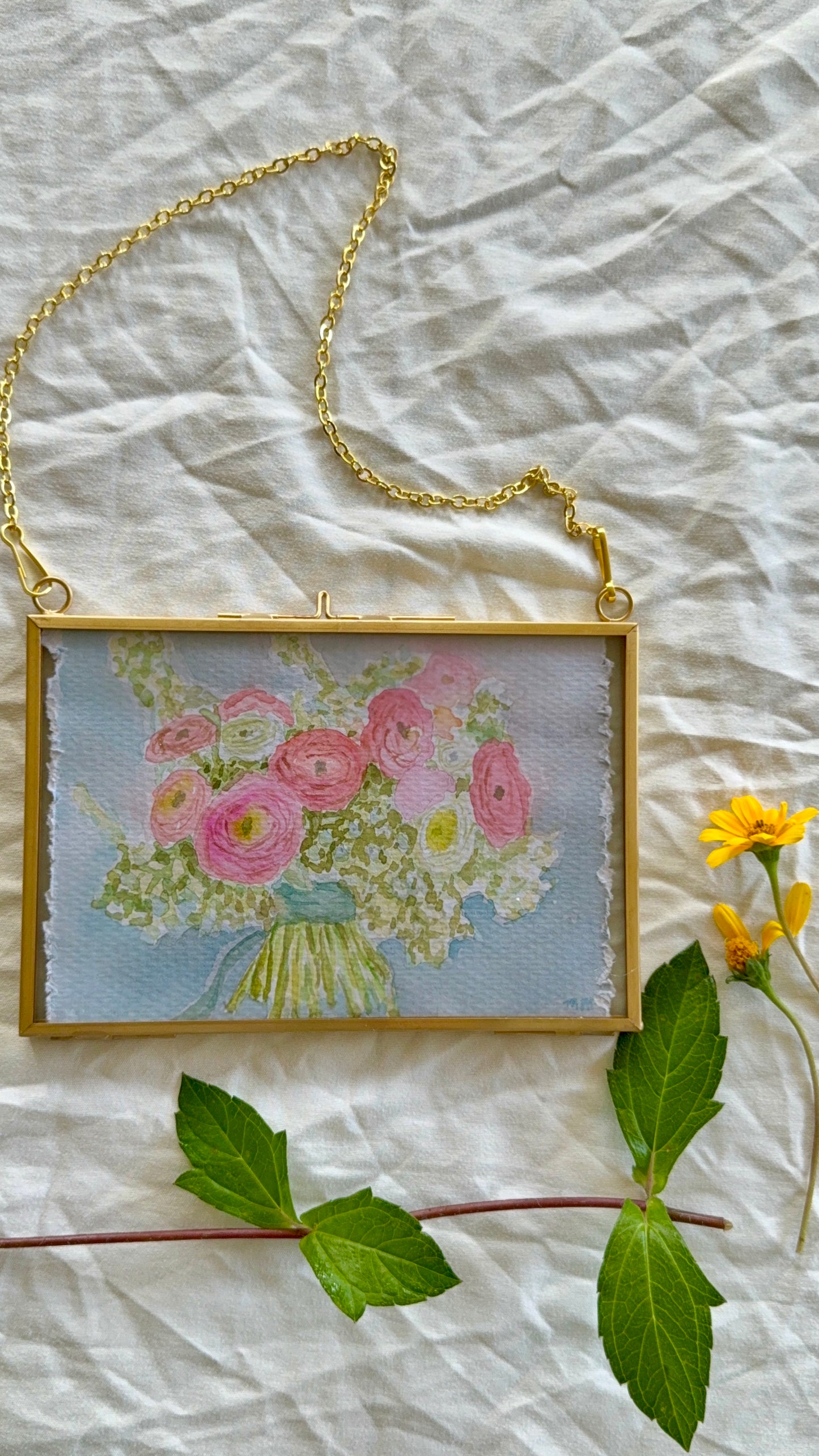 The Quiet Bouquet, 6"X4" Watercolor, Glass Gold Floating Frame