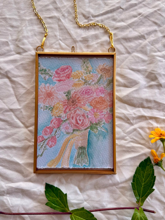 Golden Hour Garden, 4"X6" Watercolor, Glass Gold Floating Frame