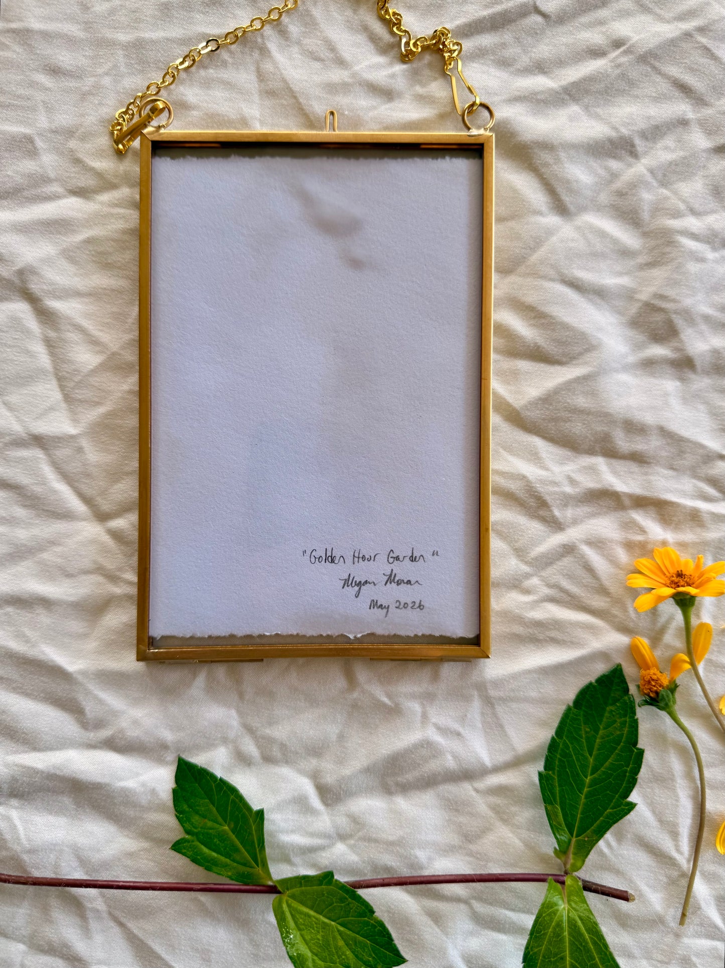 Golden Hour Garden, 4"X6" Watercolor, Glass Gold Floating Frame