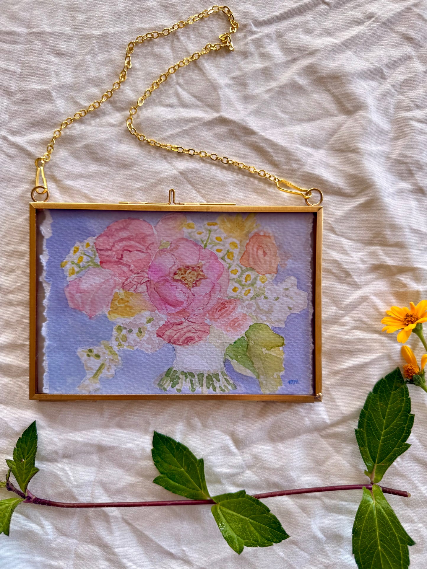 Gathered Blooms, 4"X6" Watercolor, Glass Gold Floating Frame