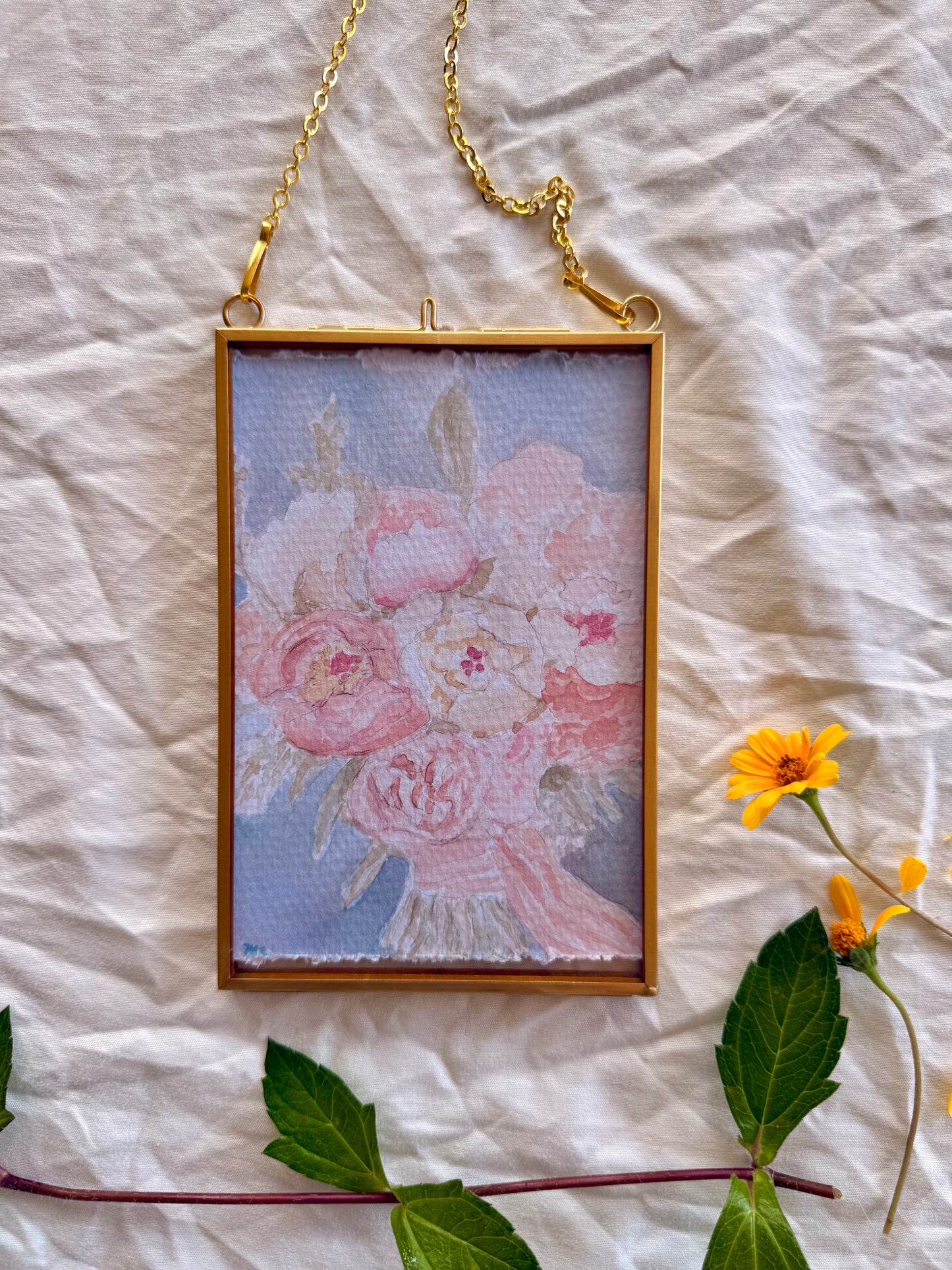 Blush & Bloom, 4"X6" Watercolor, Glass Gold Floating Frame
